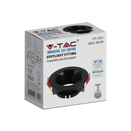 Oprawa Sufitowa Podtynkowa Oczko GU10 Okrągła Czarna/Czarna VT-931 V-TAC