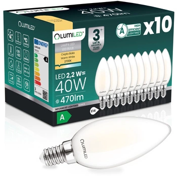 10x Żarówka LED E14 Świeczka B35 2,2W 470lm = 40W 2700K Ciepła 360° Filament KLASA A LUMILED