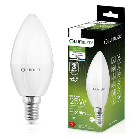 Żarówka LED E14 Świeczka B35 2,5W = 25W 249lm 4000K Neutralna 180° LUMILED