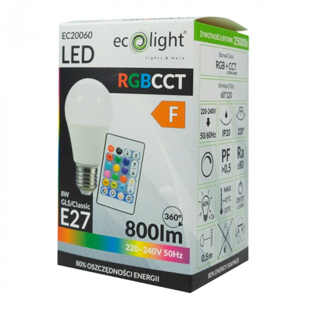 Żarówka LED A60 E27 8W 800lm Wielokolorowa RGB + CCT Ściemnialna Pilot Ecolight