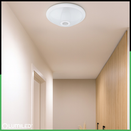 Plafon LED Lampa Sufitowa Natynkowa REGIS 2x E27 IP44 z Czujnikiem Ruchu i Zmierzchu Biały Okrągły 30cm LUMILED