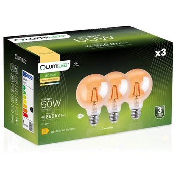 Zestaw 3x Żarówka Dekoracyjna Kulista LED E27 G95 6W = 50W 660lm 2000K Ciepła 360° Filament LUMILED Globe Amber