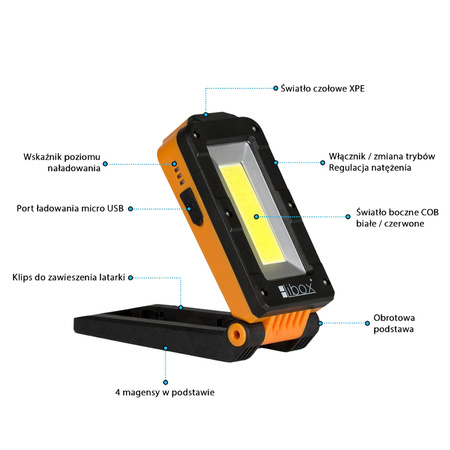 Latarka Akumulatorowa Warsztatowa Składana Magnes Libox LB0183 4 tryby świecenia