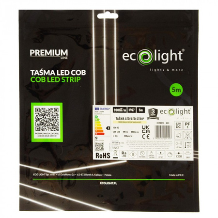 Taśma LED Pasek COB 9W/m 990lm/m 480LED/m 12V 3000K Ciepła CRI90 IP67 Rolka 5m Ecolight