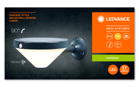 Lampa Solarna Ogrodowa Zewnętrzna Kinkiet Elewacyjny LED 4.5W 300lm 3000K IP44 Czarny Z Czujnikiem Ruchu i Zmierzchu Endura Ledvance