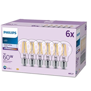 6x Żarówka LED E27 A60 7W = 60W 850lm 4000K Neutralna 300° FILAMENT EC Multipack Philips