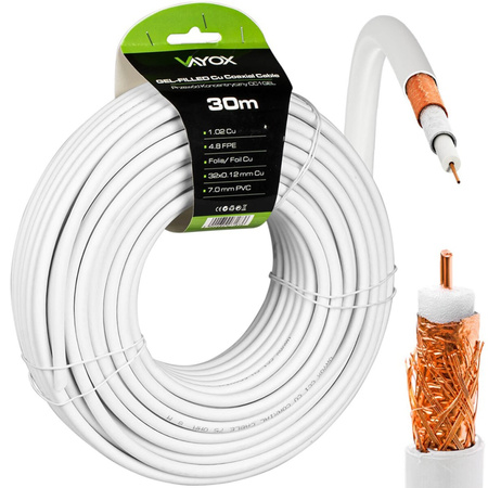 Przewód Kabel Antenowy Koncentryczny Miedź Żel CU Ziemny 4K Full HD Biały 30M VAYOX