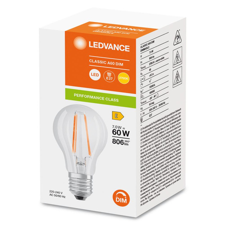 Żarówka LED A60 E27 7W = 60W 806lm 2700K Ciepła Biała FILAMENT ŚCIEMNIALNA LEDVANCE