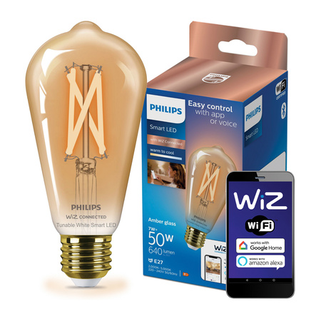 Żarówka LED E27 Edison ST64 7W = 50W 640lm 2000-5000K TW FILAMENT Bursztynowa Inteligentna SMART WiFi Bluetooth Aplikacja WiZ Philips
