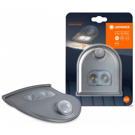 Lampa Ścienna Zewnętrzna LED Przenośna Nad Drzwi Bateryjny 0.95W 40lm 4000K IP54 Srebrny Z Czujnikiem Ruchu i Zmierzchu Door LED Ledvance