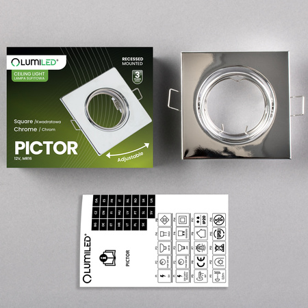 Oprawa HALOGENOWA Podtynkowa Ruchoma Kwadrat PICTOR Chrom Blacha MR16 GU10