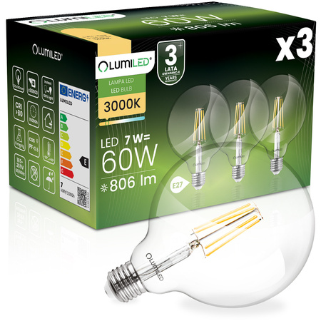 3x Żarówka LED E27 Kula G125 7W = 60W 806lm 3000K Ciepła 360° FILAMENT LUMILED