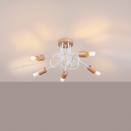 Lampa Sufitowa Żyrandol Pająk Wisząca 5x E27 Naturalne Drewno Biała Ember Peach Puff SL.1475 Sollux