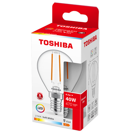 Żarówka LED E14 G45 4,5W = 40W 470lm 2700K Ciepła Filament TOSHIBA