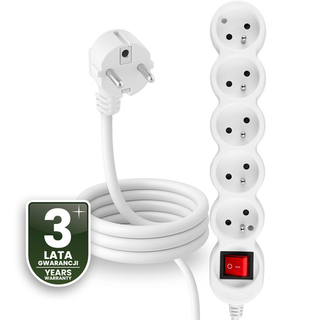 Przedłużacz Sieciowy Kabel z Uziemieniem Listwa Zasilająca 5 Gniazd 1.5m Włącznik ON/OFF Biały Sznur Lendo Lumiled