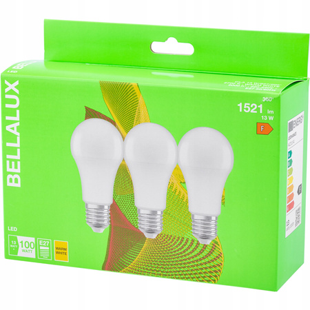 3PAK Żarówka LED E27 A60 13W = 100W 1521lm 2700K Ciepła 200° BELLALUX