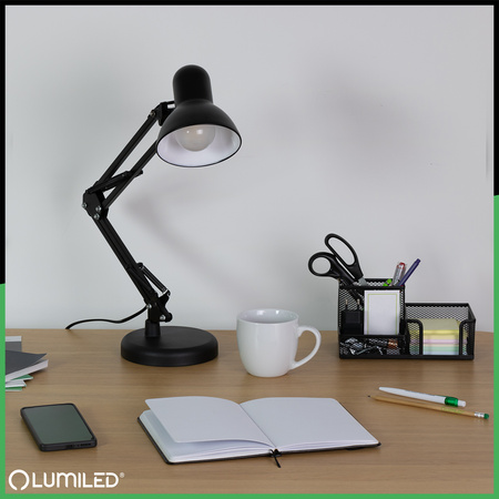 Lampka Biurkowa Kreślarska Stołowa E27 TOBI Czarna Lumiled + Uchwyt na Blat