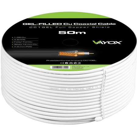 Przewód Kabel Antenowy Koncentryczny Miedź Żel CU Ziemny 4K Full HD Biały 50M VAYOX