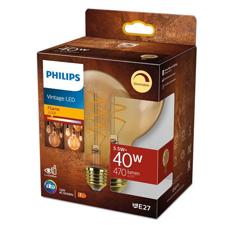 Żarówka LED Globe E27 G95 5.5W = 40W 470lm 2200K Ciepła Filament Bursztynowa PHILIPS  Ściemnialna