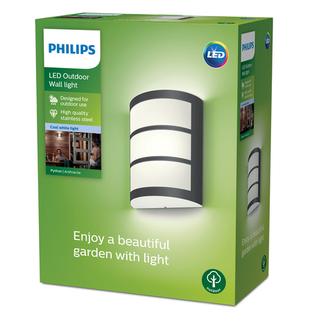 Kinkiet Ogrodowy Lampa Elewacyjna Zewnętrzna LED 6W 500lm 4000K Antracyt IP44 Python Philips