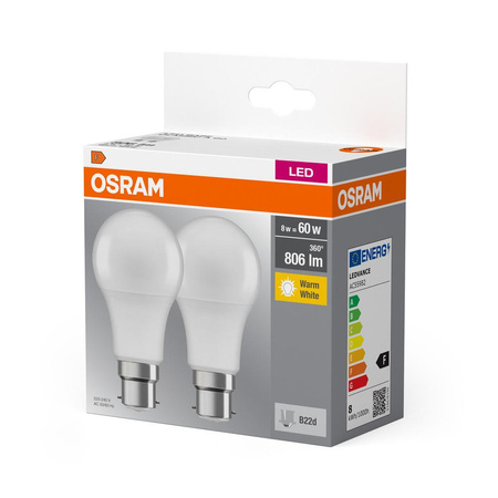 2x Żarówka LED A60 B22d 8W = 60W 806lm 2700K Ciepła 150° BASE Osram