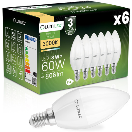 6x Żarówka LED E14 Świeczka B35 8W = 60W 806lm 3000K Ciepła 180° LUMILED