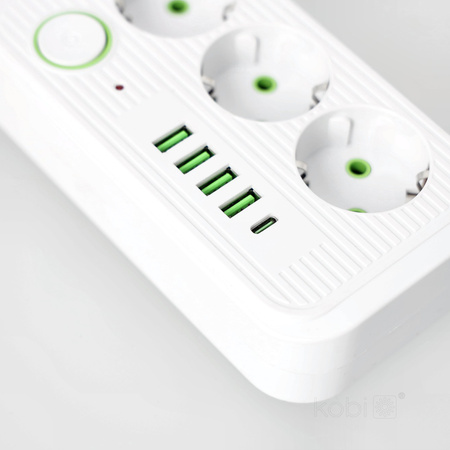 Przedłużacz KOBI LINEA PRO 3x230V 3m Uziemienie Wyłącznik 5xUSB Biały