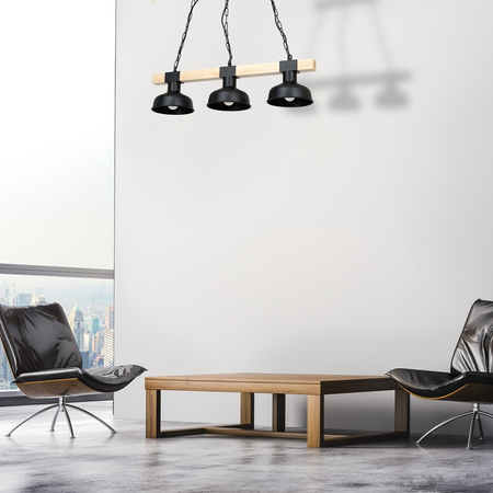 Lampa Wisząca Sufitowa FARO Czarna Drewno Naturalne 3xE27 60W Milagro