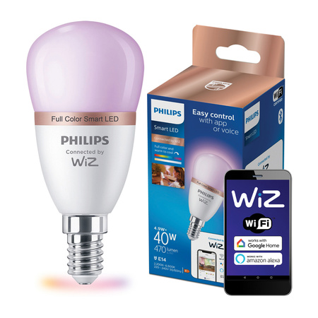 Żarówka LED E14 Kulka P45 4.9W = 40W 470lm 2200-6500K RGB + TW Inteligentna SMART WiFi Bluetooth Aplikacja WiZ Philips
