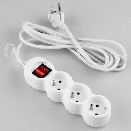 Przedłużacz Sieciowy Kabel z Uziemieniem Listwa Zasilająca 3 Gniazda 3m Włącznik ON/OFF Biały Sznur Lendo Lumiled