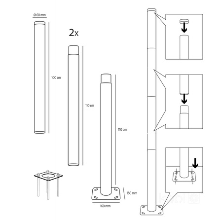 Słup Oświetleniowy Składany do Opraw Zewnętrznych SG 4m Fi 60mm Czarny Kobi