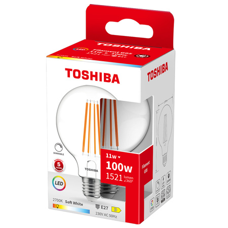 Żarówka LED E27 G95 11W = 100W 1521lm 2700K Ciepła Filament Ściemnialna TOSHIBA