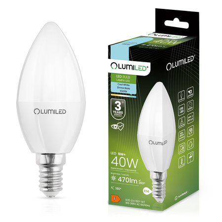 Żarówka LED ŚWIECA B35 E14 5W = 40W 470lm 6500K Zimna 180° LUMILED