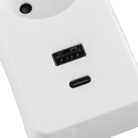 Przedłużacz Sieciowy Kabel z Uziemieniem Listwa Zasilająca 3 Gniazda 3m Włącznik ON/OFF Biały USB + USB-C Sznur ELGER Lumiled