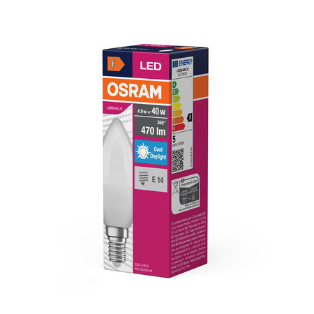 Żarówka LED B37 Świeczka E14 4.9W = 40W 470lm 6500K Zimna 180° VALUE CLASSIC Osram