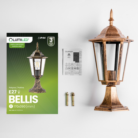 Lampa Ogrodowa Zewnętrzna E27 SŁUPEK LATARNIA 39cm Patyna BELLIS LUMILED