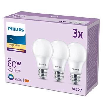 Zestaw 3x Żarówka LED E27 A60 8W = 60W 806lm 2700K Ciepła 150° PHILIPS