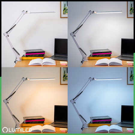 ZESTAW Lampka Biurkowa LED 8W CCT USB Ściemnialna COSMI Biała z uchwytem + Adapter USB 5V/1A DC LUMILED