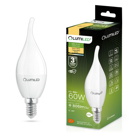 Żarówka LED E14 BA35 8W = 60W 806lm 3000K Ciepła 180° LUMILED