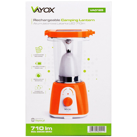 Latarka Akumulatorowa Kempingowa 710lm 6000K Solarna USB Powerbank VA0125 VAYOX