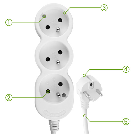 Przedłużacz Sieciowy Kabel z Uziemieniem Listwa Zasilająca 3 Gniazda 1.5m Biały Sznur Lendo Lumiled