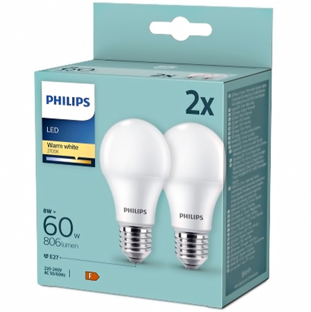 2PAK Żarówka LED E27 A60 8W = 60W 806lm 2700K Ciepła PHILIPS