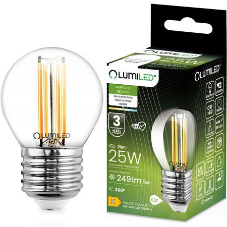 Żarówka LED E27 P40 Filament 2W = 25W 249lm 4000K Neutralna 360° LUMILED