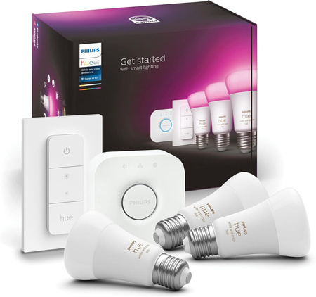 3x Żarówka LED E27 A60 11W = 75W 1055lm 2000-6500K CCT + RGB SMART Inteligentna Bluetooth ZigBee White and Color Ambiance + Mostek Bridge + Regulator PILOT Zestaw Startowy Philips HUE