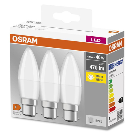 3x Żarówka LED B37 Świeczka B22d 4.9W = 40W 470lm 2700K Ciepła 200° BASE Osram