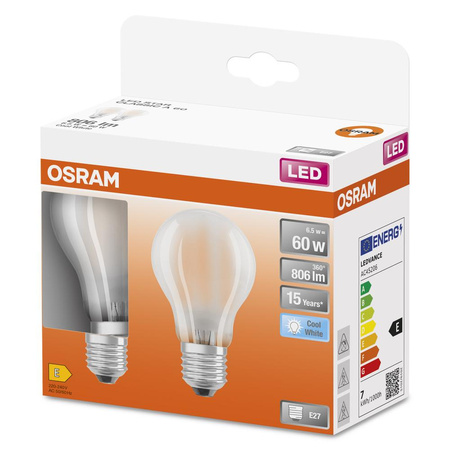 2x Żarówka LED A60 E27 6.5W = 60W 806lm 4000K Neutralna 300° Retrofit Filament CLASSIC Osram