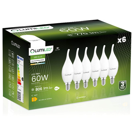 Zestaw 6x Żarówka LED Płomyk BA35 E14 7W = 60W 806lm 4000K Neutralna 360° Filament Mleczna LUMILED