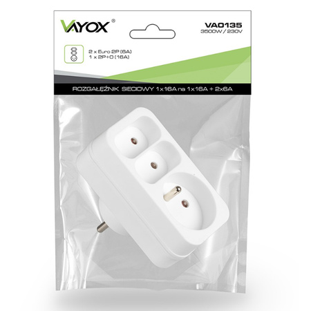 Rozgałęźnik Sieciowy Elektryczny 2x Euro 2P + 1x 2P+0 Złodziejka 3 Gniazdka VAYOX