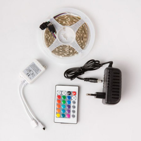 Taśma LED Pasek SMD 5050 7.2W/m 60LED/m Wielokolorowa RGB IP20 Rolka 5m + Zasilacz + Pilot Ecolight