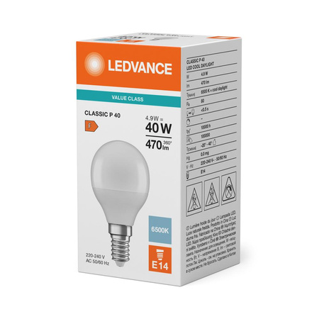 Żarówka LED P45 E14 4.9W = 40W 470lm 6500K Zimna Biała LEDVANCE